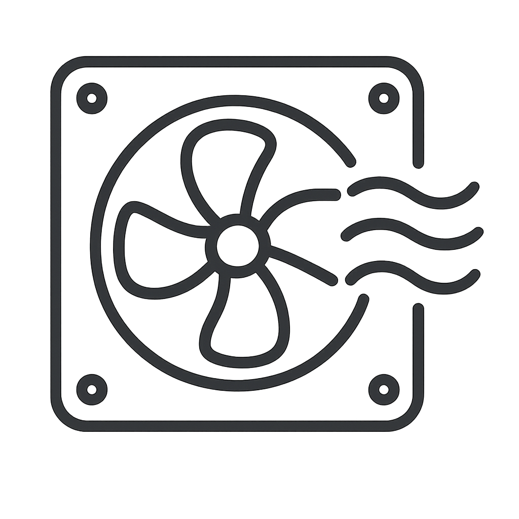 Background-blurred square fan graphic, with a black background and grey lines in shades of charcoal, black and dark grey. ...